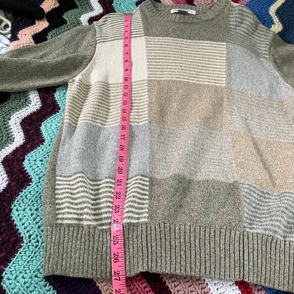 Vintage Geoffrey Beene Sweater Mens M Cotton Patchwork Grandpa Neutral Cabin - Picture 4 of 6